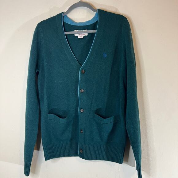 Penguin men’s Lambswool Cardigan Sz Small Green Blue Trim Eclectic Grandpa - Picture 2 of 5